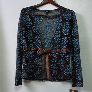 Y2K Donna Blue and Brown Sheer Lace Cardigan with Brown Satin Tie